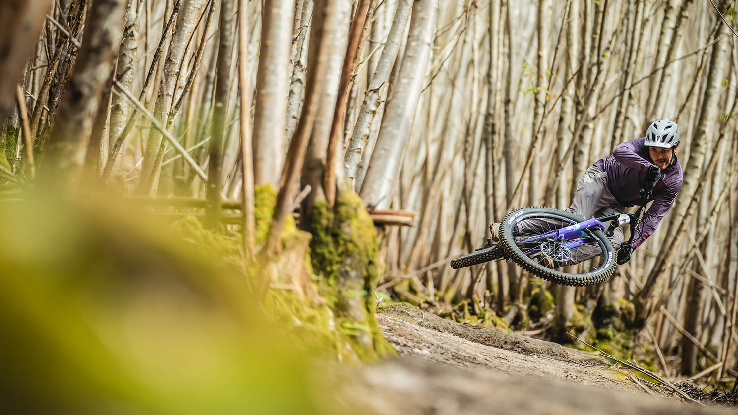 Mountain bike rider wearing Skyline pants and long sleeve jersey